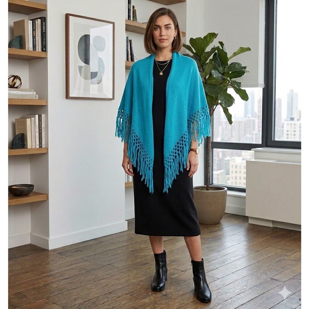 Vintage Glentex Blue Shawl Wrap Fringe One Size Knit Material Skirt Top boho